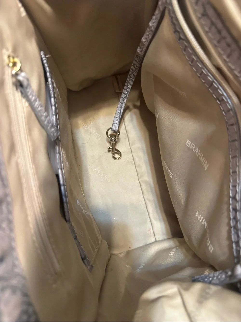 Brahmin Medium Metallic Gray Croc-Embossed  Satchel